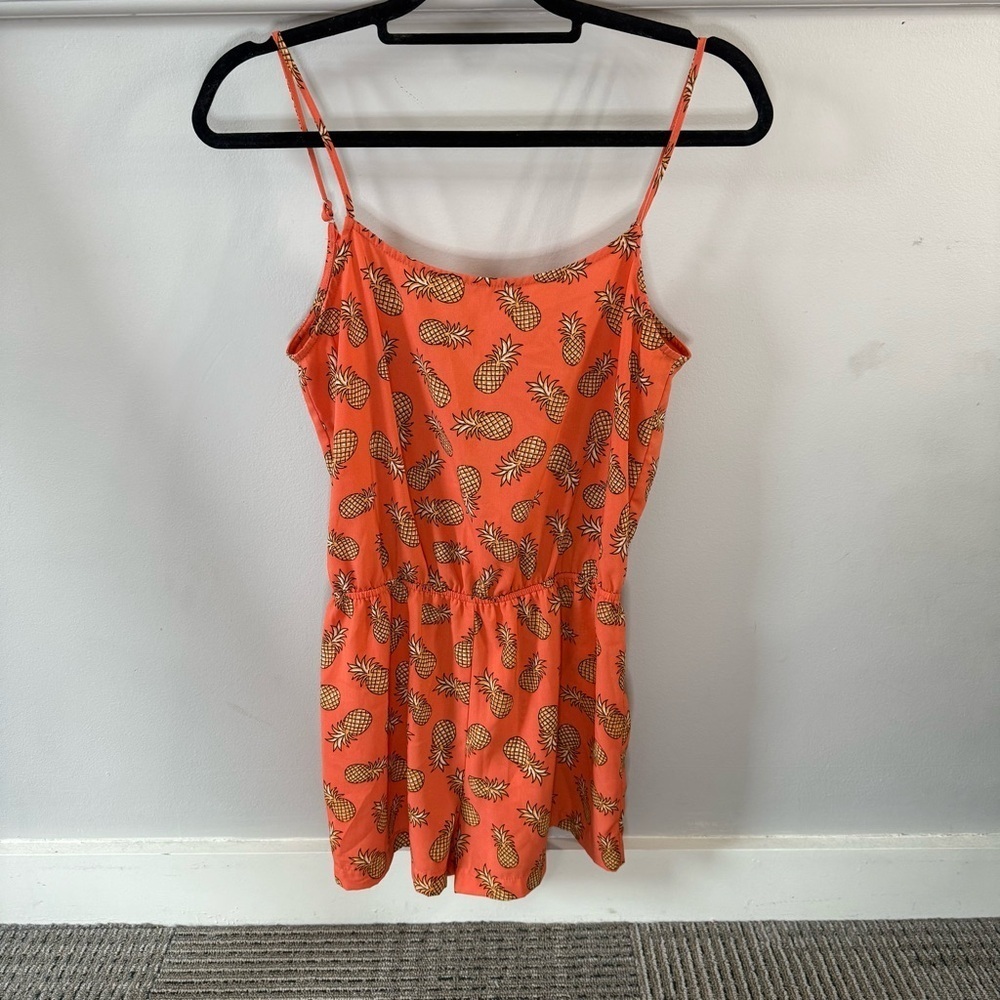 EM Orange Yellow Pineapple Print Romper Open Back Tie Strappy Shorts
